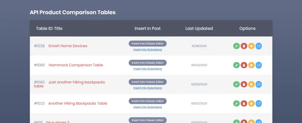 product comparison table plugin