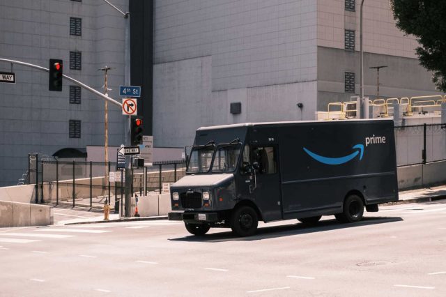 An Amazon truck out delivering products